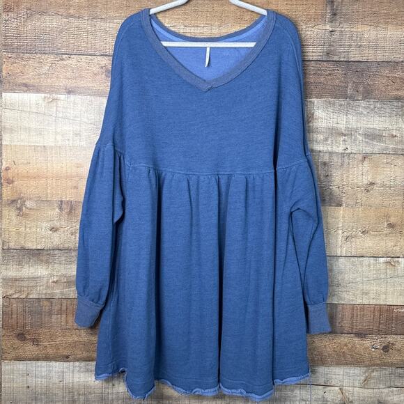 Free People Prudence Pullover Babydoll Sweatshirt Tunic Blue Size Large - Picture 2 of 11